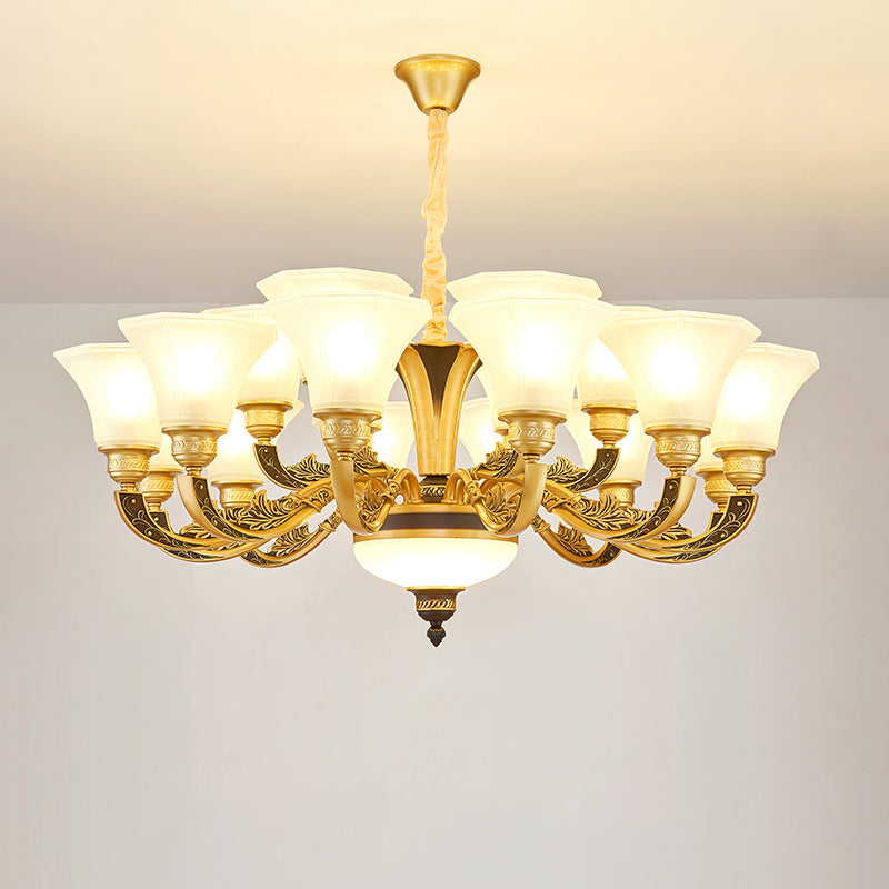 Retro Style Flared Suspension Light Cream Frosted Glass Chandelier Light for Living Room Clearhalo 'Ceiling Lights' 'Chandeliers' Lighting' options 2204737