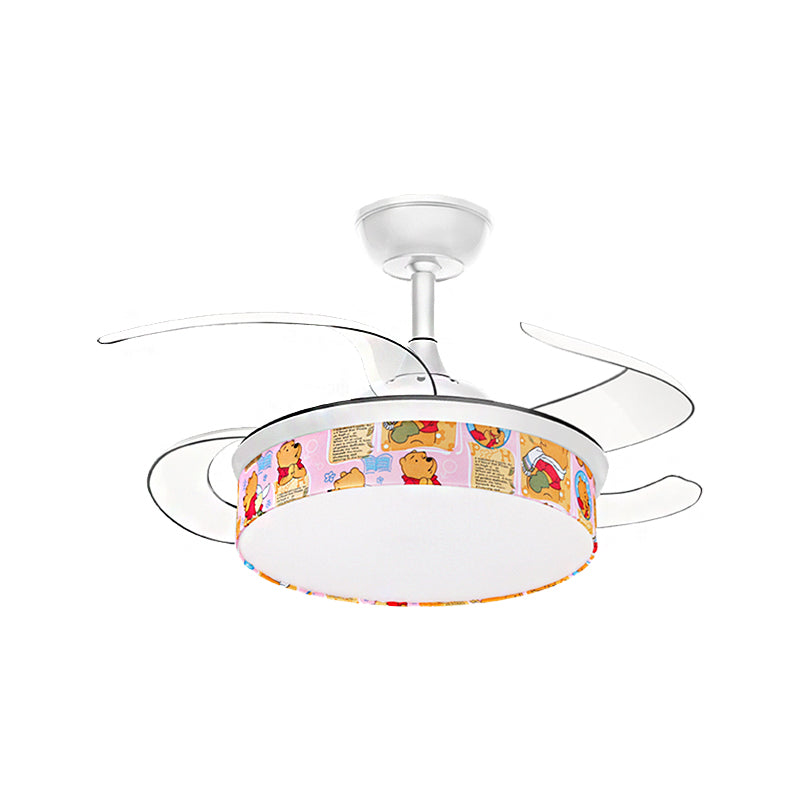 White Round Semi Flush Light Contemporary LED Fabric Ceiling Fan Light with Bear/Dog Pattern for Children Room Clearhalo 'Ceiling Fans with Lights' 'Ceiling Fans' 'Kids Ceiling Fans' 'Kids' Lighting' 220474