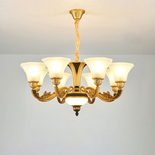 Retro Style Flared Suspension Light Cream Frosted Glass Chandelier Light for Living Room Clearhalo 'Ceiling Lights' 'Chandeliers' Lighting' options 2204742