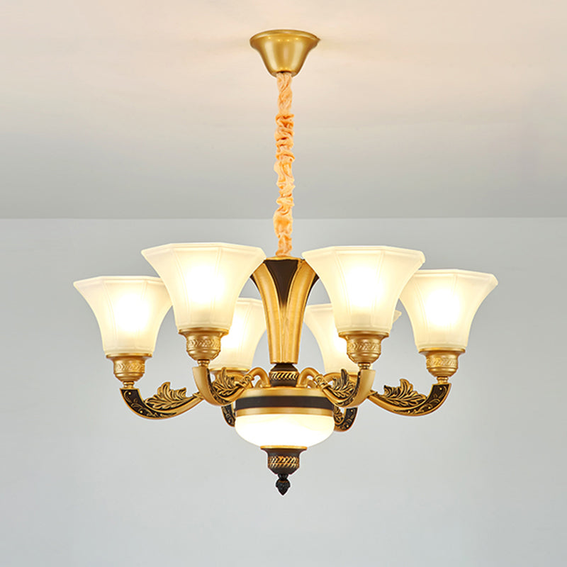 Retro Style Flared Suspension Light Cream Frosted Glass Chandelier Light for Living Room Clearhalo 'Ceiling Lights' 'Chandeliers' Lighting' options 2204743