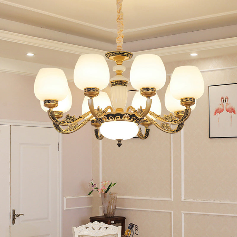 Bud Shade Frosted White Glass Chandelier Lighting Classic Living Room Pendant Light 8 White Clearhalo 'Ceiling Lights' 'Chandeliers' Lighting' options 2204754_2d779b3d-127e-42a3-aa27-4a9559907a79