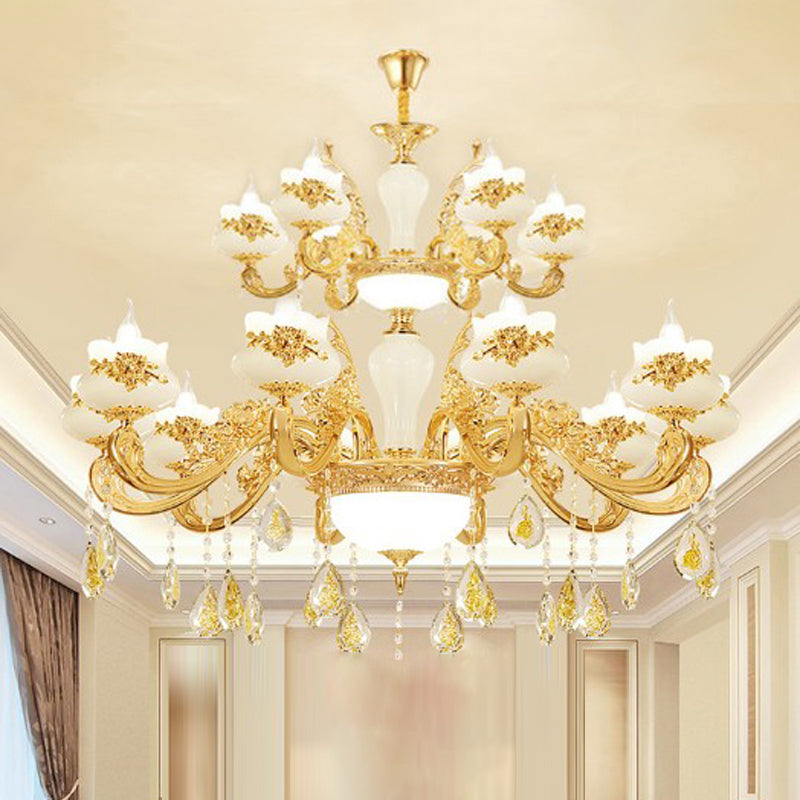 Opaque Glass Bud Ceiling Lighting Traditional Living Room Chandelier Light with Crystal Draping in Gold 18 Gold Clearhalo 'Ceiling Lights' 'Chandeliers' Lighting' options 2204759_516a3695-2134-43ce-8a68-34c1694adcfd