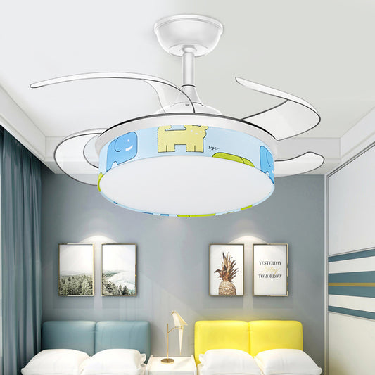 White Round Semi Flush Light Contemporary LED Fabric Ceiling Fan Light with Bear/Dog Pattern for Children Room White Dog Clearhalo 'Ceiling Fans with Lights' 'Ceiling Fans' 'Kids Ceiling Fans' 'Kids' Lighting' 220475