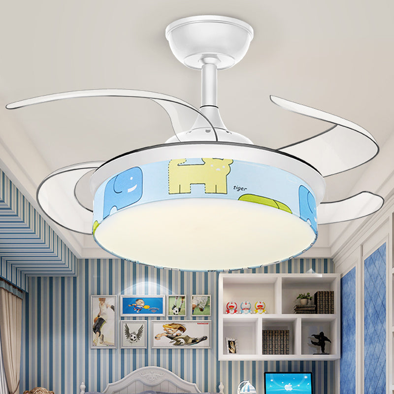 White Round Semi Flush Light Contemporary LED Fabric Ceiling Fan Light with Bear/Dog Pattern for Children Room Clearhalo 'Ceiling Fans with Lights' 'Ceiling Fans' 'Kids Ceiling Fans' 'Kids' Lighting' 220476