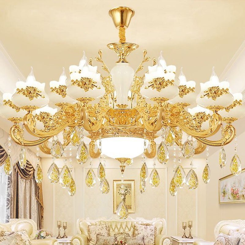 Opaque Glass Bud Ceiling Lighting Traditional Living Room Chandelier Light with Crystal Draping in Gold 15 Gold Clearhalo 'Ceiling Lights' 'Chandeliers' Lighting' options 2204760_489ccc61-b228-466f-8b1c-68357c12a579