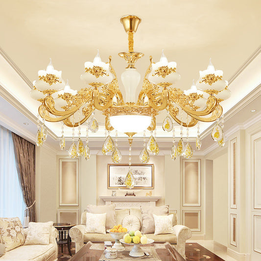 Opaque Glass Bud Ceiling Lighting Traditional Living Room Chandelier Light with Crystal Draping in Gold Clearhalo 'Ceiling Lights' 'Chandeliers' Lighting' options 2204763