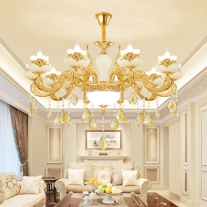 Opaque Glass Bud Ceiling Lighting Traditional Living Room Chandelier Light with Crystal Draping in Gold 12 Gold Clearhalo 'Ceiling Lights' 'Chandeliers' Lighting' options 2204763_733dddd4-0e6e-48d1-9430-0db6a4869e00