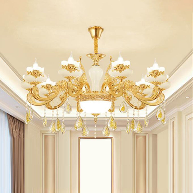 Opaque Glass Bud Ceiling Lighting Traditional Living Room Chandelier Light with Crystal Draping in Gold 10 Gold Clearhalo 'Ceiling Lights' 'Chandeliers' Lighting' options 2204764_09f72350-691d-4e33-bb9e-b94844030813