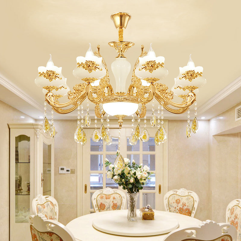 Opaque Glass Bud Ceiling Lighting Traditional Living Room Chandelier Light with Crystal Draping in Gold Clearhalo 'Ceiling Lights' 'Chandeliers' Lighting' options 2204765_d7ddae2c-b788-40cb-954d-888ec4bd0e97