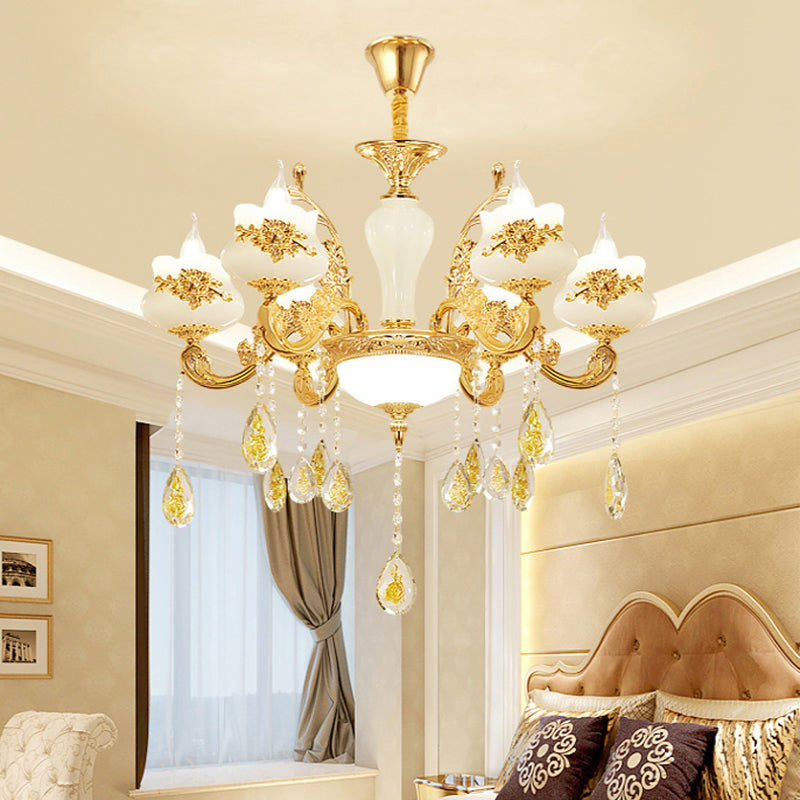 Opaque Glass Bud Ceiling Lighting Traditional Living Room Chandelier Light with Crystal Draping in Gold Clearhalo 'Ceiling Lights' 'Chandeliers' Lighting' options 2204766_b78f8a94-f982-4cb5-aafe-bad813a4cd0a