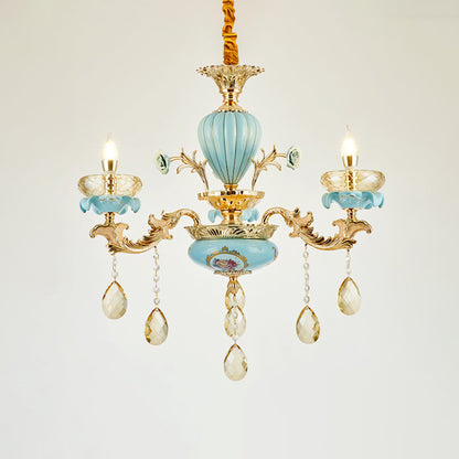 Blue Oblate Suspension Light Retro Style Faceted Crystal Living Room Chandelier Light with Draping Decor 3 Blue Clearhalo 'Ceiling Lights' 'Chandeliers' Lighting' options 2204905_04d1a8f8-cfa8-4582-bfa6-37bcc6e64fc3