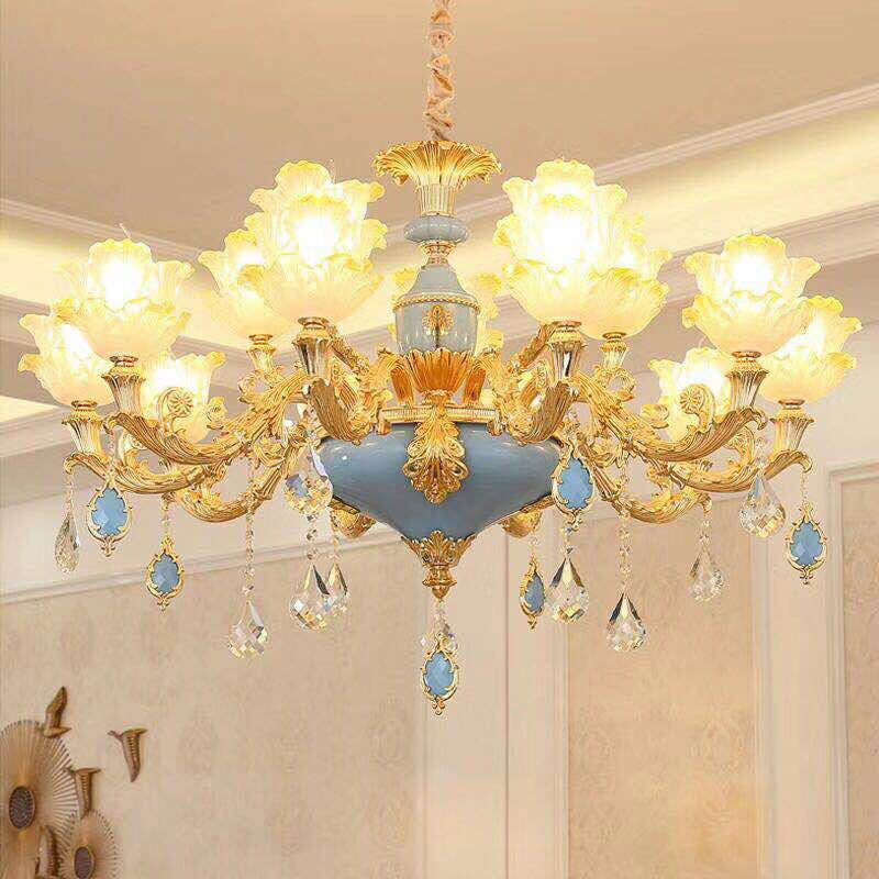 Traditional Ruffled Floral Ceiling Lighting Textured Glass Chandelier Light Fixture with Crystal Accent Clearhalo 'Ceiling Lights' 'Chandeliers' Lighting' options 2204918