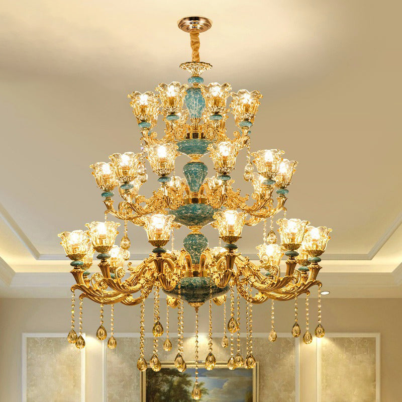 Ruffled Edge Living Room Chandelier Light Retro Handblown Glass Gold Pendant Light Fixture with Crystal Draping 30 Gold Clearhalo 'Ceiling Lights' 'Chandeliers' Lighting' options 2204945_b053abf1-ccac-4c7d-b804-fa4cd4db9921