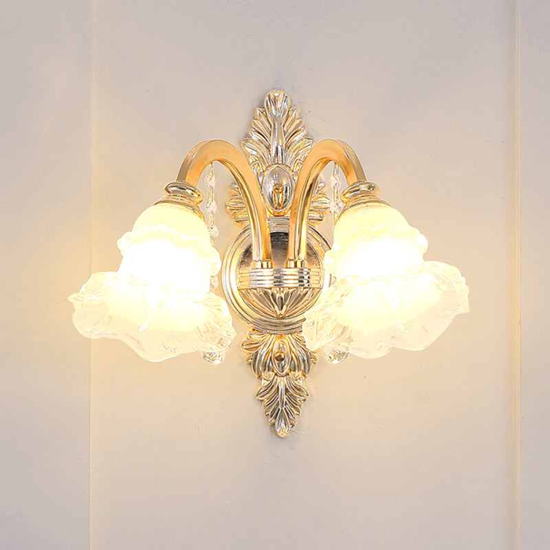 Gold Floral Shade Ceiling Lighting Traditional Ruffle Glass Living Room Chandelier Light with Crystal Draping Clearhalo 'Ceiling Lights' 'Chandeliers' Lighting' options 2205027