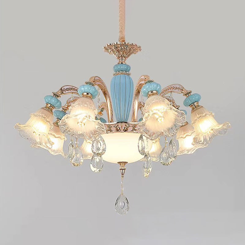 Textured Glass Blue Chandelier Pendant Light Flared Ruffle Vintage Hanging Light with Crystal Accent Clearhalo 'Ceiling Lights' 'Chandeliers' Lighting' options 2205039