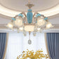 Textured Glass Blue Chandelier Pendant Light Flared Ruffle Vintage Hanging Light with Crystal Accent Clearhalo 'Ceiling Lights' 'Chandeliers' Lighting' options 2205040