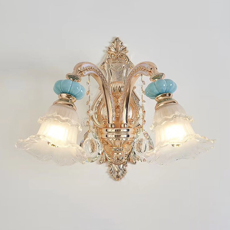 Textured Glass Blue Chandelier Pendant Light Flared Ruffle Vintage Hanging Light with Crystal Accent Clearhalo 'Ceiling Lights' 'Chandeliers' Lighting' options 2205042