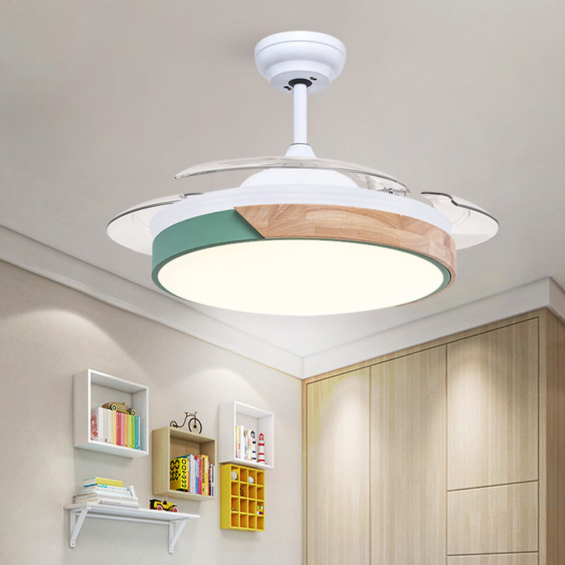 Wood Circular Semi Flush Mount Light Nordic Style LED Yellow/Pink Ceiling Fan Light with Acrylic Diffuser Clearhalo 'Ceiling Fans with Lights' 'Ceiling Fans' 'Kids Ceiling Fans' 'Kids' Lighting' 220529