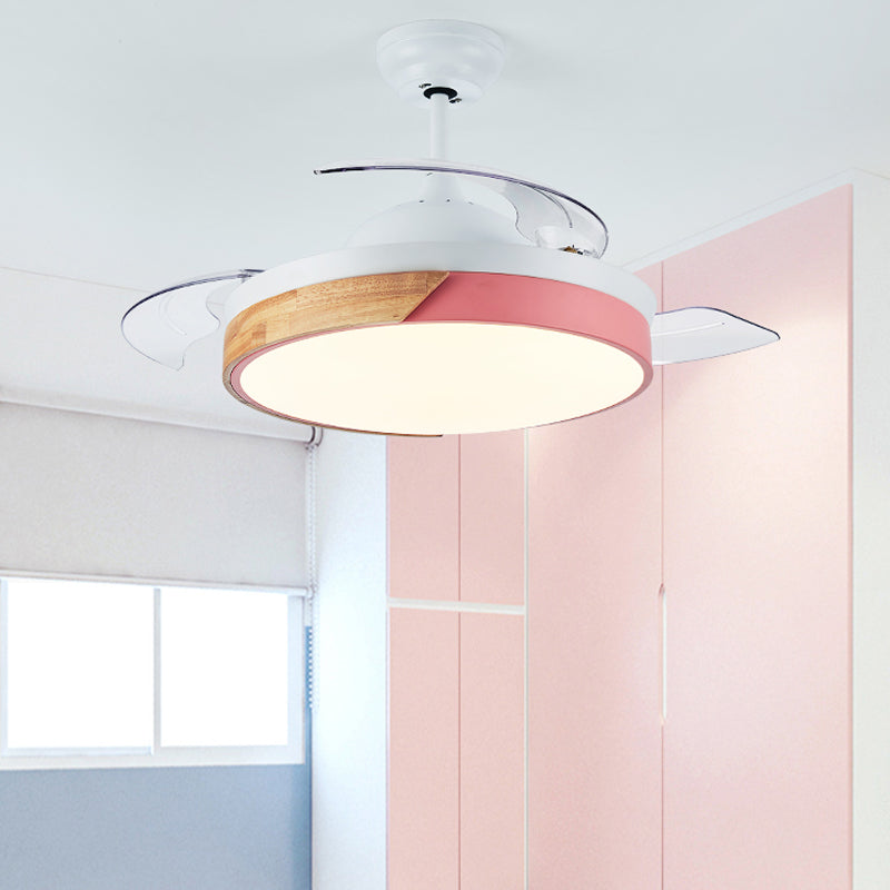 Wood Circular Semi Flush Mount Light Nordic Style LED Yellow/Pink Ceiling Fan Light with Acrylic Diffuser Clearhalo 'Ceiling Fans with Lights' 'Ceiling Fans' 'Kids Ceiling Fans' 'Kids' Lighting' 220537