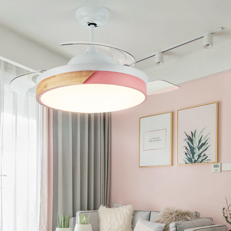 Wood Circular Semi Flush Mount Light Nordic Style LED Yellow/Pink Ceiling Fan Light with Acrylic Diffuser Clearhalo 'Ceiling Fans with Lights' 'Ceiling Fans' 'Kids Ceiling Fans' 'Kids' Lighting' 220538