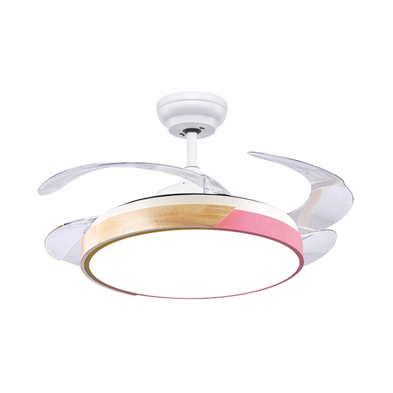 Wood Circular Semi Flush Mount Light Nordic Style LED Yellow/Pink Ceiling Fan Light with Acrylic Diffuser Clearhalo 'Ceiling Fans with Lights' 'Ceiling Fans' 'Kids Ceiling Fans' 'Kids' Lighting' 220539