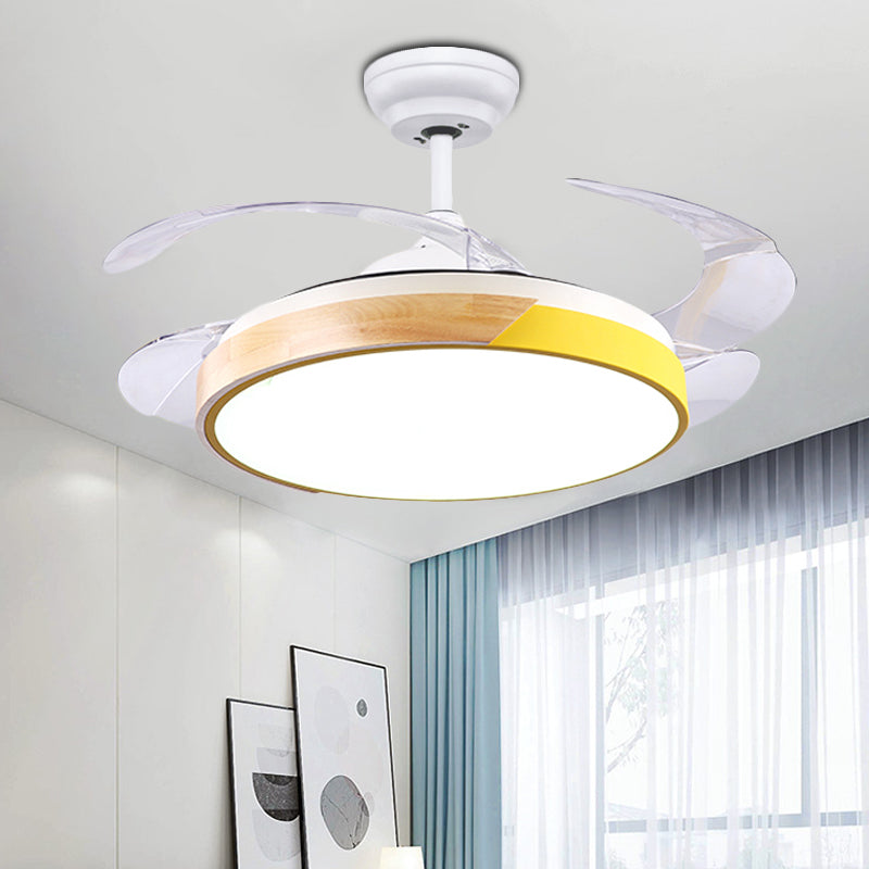 Wood Circular Semi Flush Mount Light Nordic Style LED Yellow/Pink Ceiling Fan Light with Acrylic Diffuser Clearhalo 'Ceiling Fans with Lights' 'Ceiling Fans' 'Kids Ceiling Fans' 'Kids' Lighting' 220542