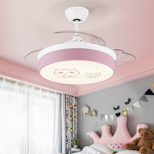 Circular Aluminum Ceiling Fan Lamp Macaron Style LED Blue/Pink Semi-Flush Mount Light for Children Room Pink Clearhalo 'Ceiling Fans with Lights' 'Ceiling Fans' 'Kids Ceiling Fans' 'Kids' Lighting' 220544