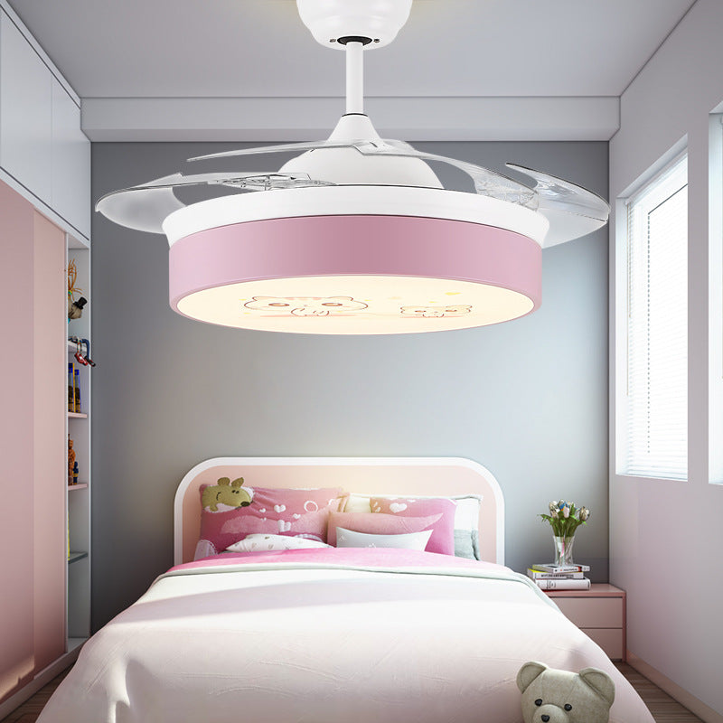 Circular Aluminum Ceiling Fan Lamp Macaron Style LED Blue/Pink Semi-Flush Mount Light for Children Room Clearhalo 'Ceiling Fans with Lights' 'Ceiling Fans' 'Kids Ceiling Fans' 'Kids' Lighting' 220545