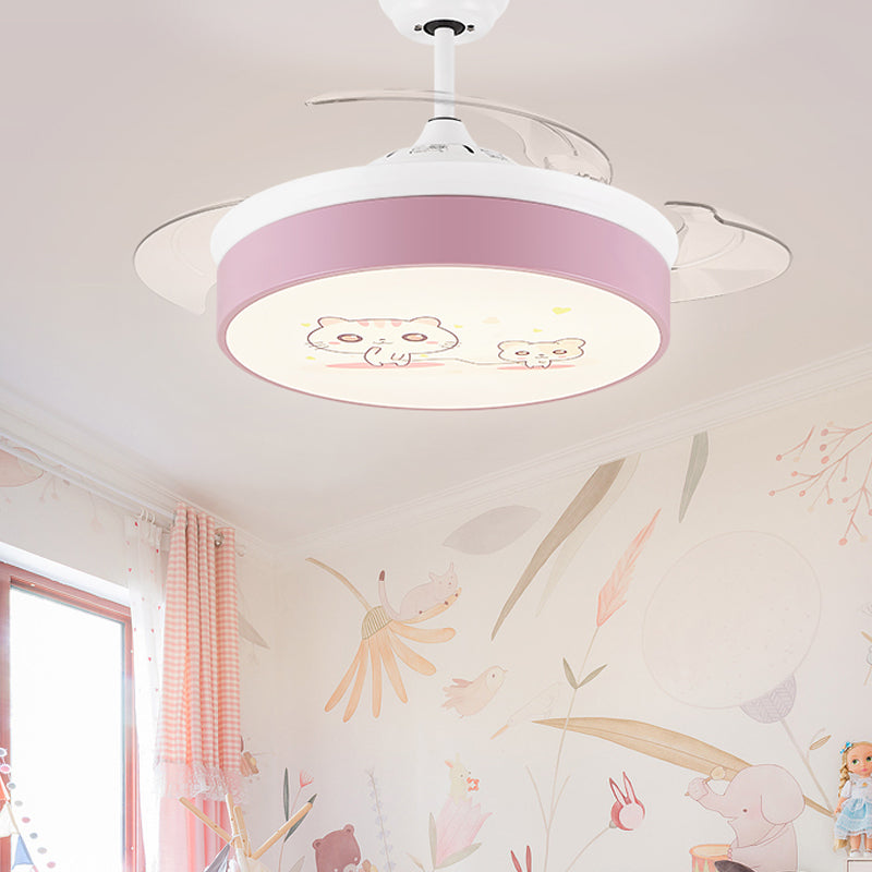 Circular Aluminum Ceiling Fan Lamp Macaron Style LED Blue/Pink Semi-Flush Mount Light for Children Room Clearhalo 'Ceiling Fans with Lights' 'Ceiling Fans' 'Kids Ceiling Fans' 'Kids' Lighting' 220546
