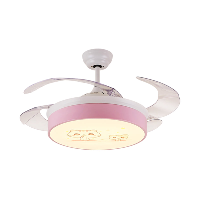Circular Aluminum Ceiling Fan Lamp Macaron Style LED Blue/Pink Semi-Flush Mount Light for Children Room Clearhalo 'Ceiling Fans with Lights' 'Ceiling Fans' 'Kids Ceiling Fans' 'Kids' Lighting' 220547