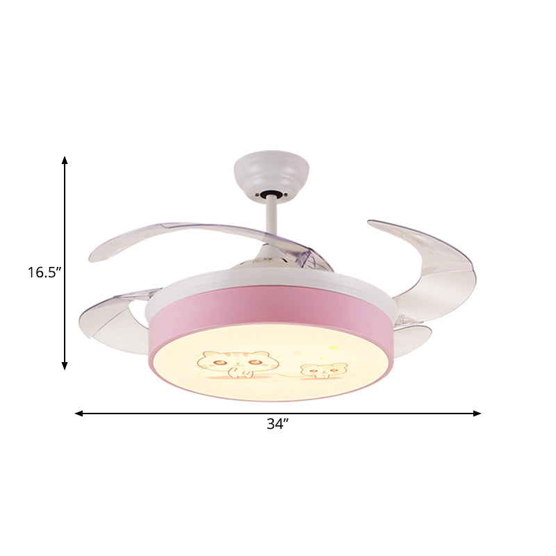 Circular Aluminum Ceiling Fan Lamp Macaron Style LED Blue/Pink Semi-Flush Mount Light for Children Room Clearhalo 'Ceiling Fans with Lights' 'Ceiling Fans' 'Kids Ceiling Fans' 'Kids' Lighting' 220548