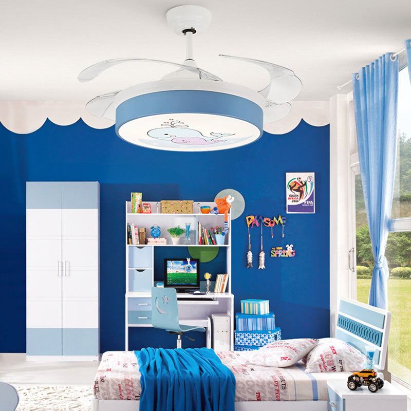 Circular Aluminum Ceiling Fan Lamp Macaron Style LED Blue/Pink Semi-Flush Mount Light for Children Room Clearhalo 'Ceiling Fans with Lights' 'Ceiling Fans' 'Kids Ceiling Fans' 'Kids' Lighting' 220549