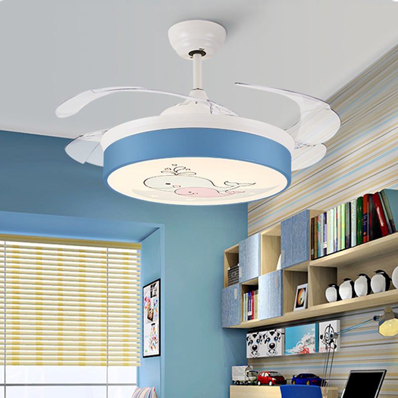 Circular Aluminum Ceiling Fan Lamp Macaron Style LED Blue/Pink Semi-Flush Mount Light for Children Room Clearhalo 'Ceiling Fans with Lights' 'Ceiling Fans' 'Kids Ceiling Fans' 'Kids' Lighting' 220550
