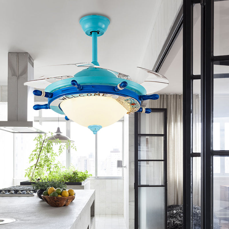 Bowl Frosted Glass Semi Mount Lighting Nautical Stylish LED Blue/Red Ceiling Fan Light with Rudder Design Blue Clearhalo 'Ceiling Fans with Lights' 'Ceiling Fans' 'Kids Ceiling Fans' 'Kids' Lighting' 220562