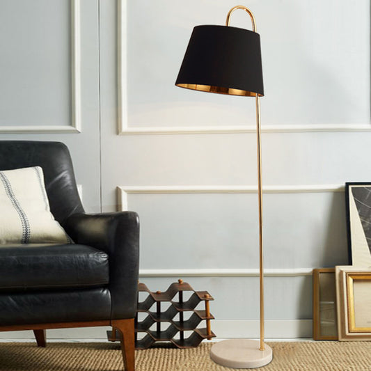 Tapered Standing Light Simplicity Fabric 1 Bulb Living Room Floor Lamp with Circular Marble Base Black Clearhalo 'Floor Lamps' 'Lamps' Lighting' 2205623