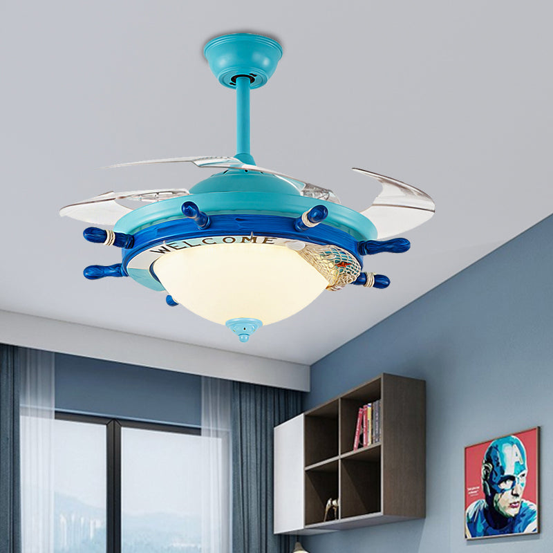 Bowl Frosted Glass Semi Mount Lighting Nautical Stylish LED Blue/Red Ceiling Fan Light with Rudder Design Clearhalo 'Ceiling Fans with Lights' 'Ceiling Fans' 'Kids Ceiling Fans' 'Kids' Lighting' 220563