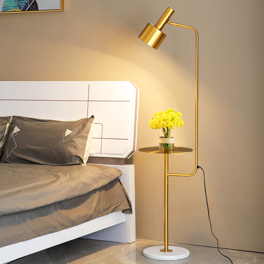 Metallic Flashlight Shaped Stand Up Lamp Post-Modern Single Bedside Floor Lighting with Tray and Marble Base Gold Clearhalo 'Floor Lamps' 'Lamps' Lighting' 2205635