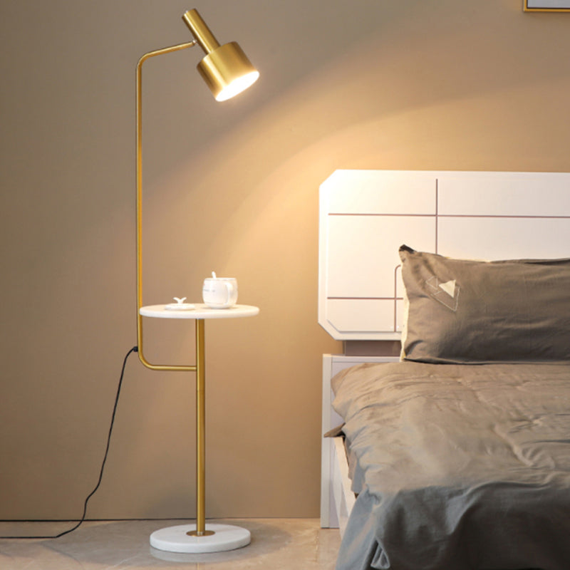 Metallic Flashlight Shaped Stand Up Lamp Post-Modern Single Bedside Floor Lighting with Tray and Marble Base Clearhalo 'Floor Lamps' 'Lamps' Lighting' 2205637