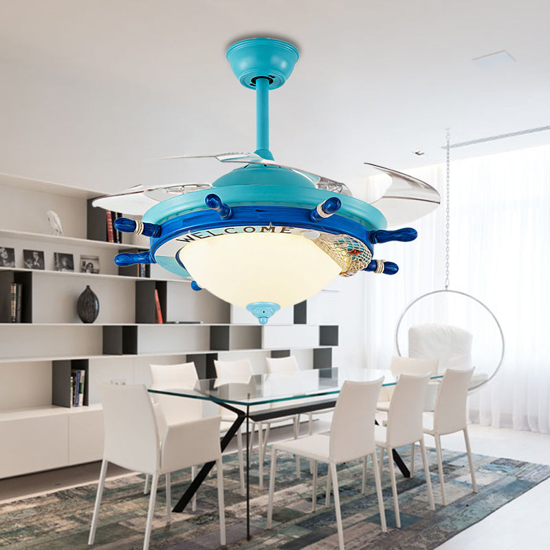 Bowl Frosted Glass Semi Mount Lighting Nautical Stylish LED Blue/Red Ceiling Fan Light with Rudder Design Clearhalo 'Ceiling Fans with Lights' 'Ceiling Fans' 'Kids Ceiling Fans' 'Kids' Lighting' 220564
