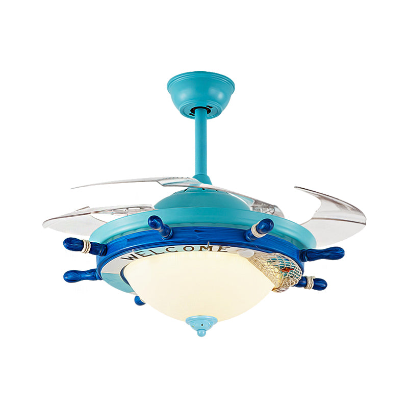 Bowl Frosted Glass Semi Mount Lighting Nautical Stylish LED Blue/Red Ceiling Fan Light with Rudder Design Clearhalo 'Ceiling Fans with Lights' 'Ceiling Fans' 'Kids Ceiling Fans' 'Kids' Lighting' 220565