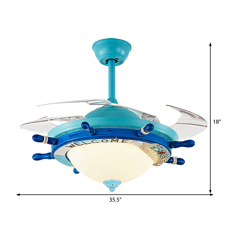 Bowl Frosted Glass Semi Mount Lighting Nautical Stylish LED Blue/Red Ceiling Fan Light with Rudder Design Clearhalo 'Ceiling Fans with Lights' 'Ceiling Fans' 'Kids Ceiling Fans' 'Kids' Lighting' 220566