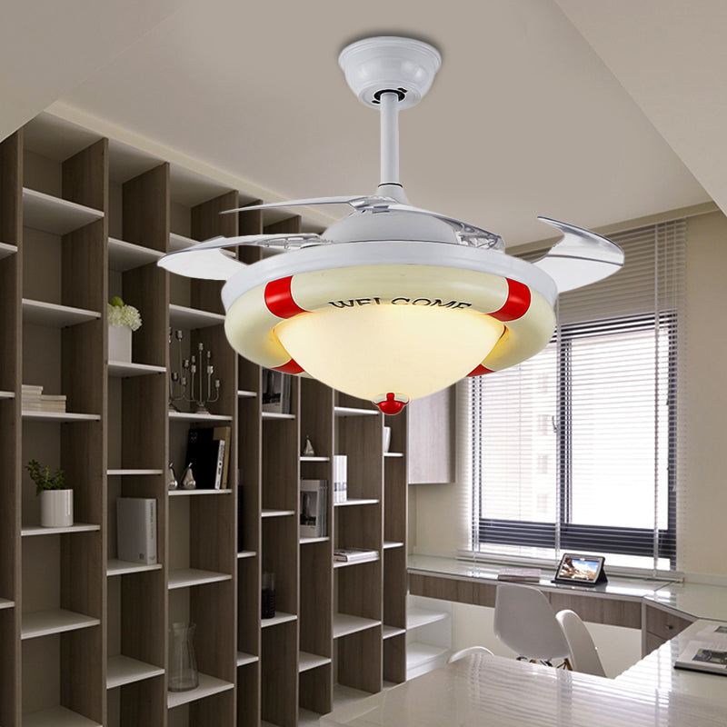 Bowl Frosted Glass Semi Mount Lighting Nautical Stylish LED Blue/Red Ceiling Fan Light with Rudder Design Clearhalo 'Ceiling Fans with Lights' 'Ceiling Fans' 'Kids Ceiling Fans' 'Kids' Lighting' 220568