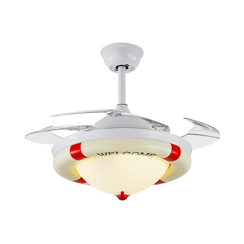 Bowl Frosted Glass Semi Mount Lighting Nautical Stylish LED Blue/Red Ceiling Fan Light with Rudder Design Clearhalo 'Ceiling Fans with Lights' 'Ceiling Fans' 'Kids Ceiling Fans' 'Kids' Lighting' 220569