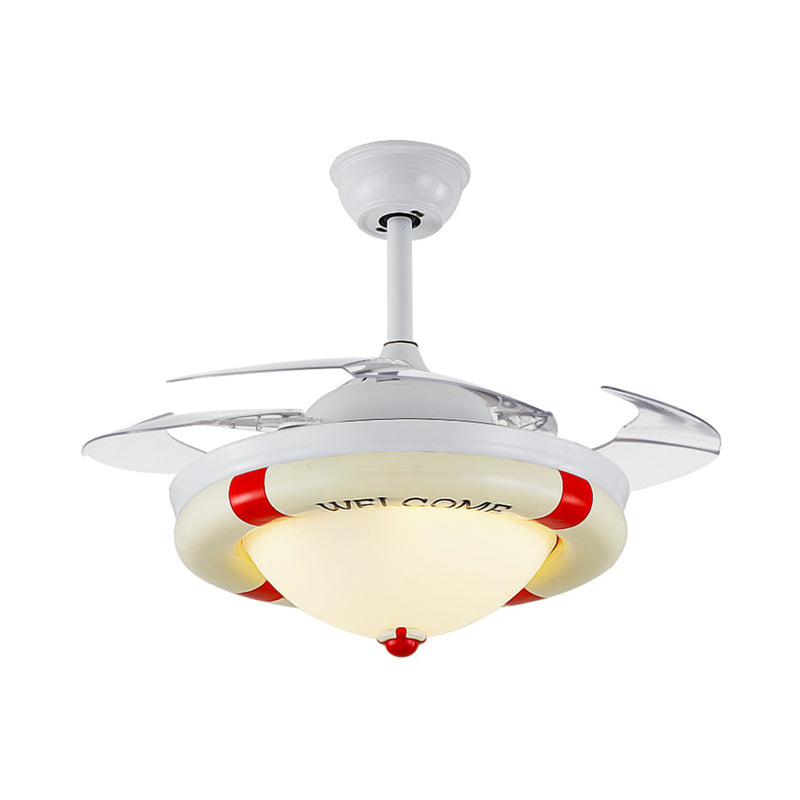 Bowl Frosted Glass Semi Mount Lighting Nautical Stylish LED Blue/Red Ceiling Fan Light with Rudder Design Clearhalo 'Ceiling Fans with Lights' 'Ceiling Fans' 'Kids Ceiling Fans' 'Kids' Lighting' 220569