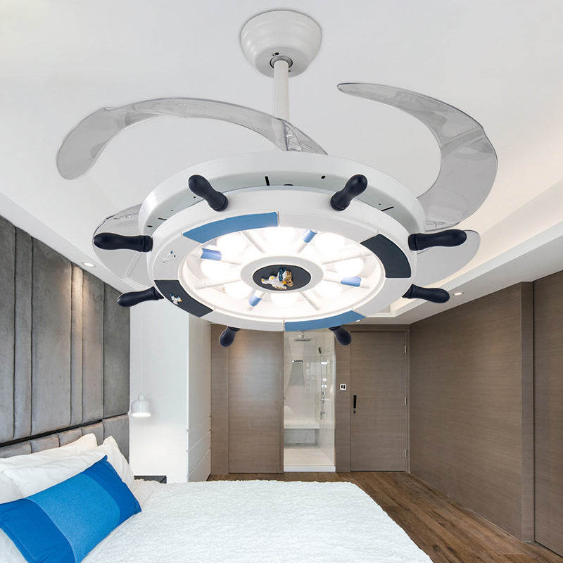 Rudder Wooden Semi Flush Light Fixture Nautical Stylish LED White Ceiling Fan Lamp for Living Room White Clearhalo 'Ceiling Fans with Lights' 'Ceiling Fans' 'Kids Ceiling Fans' 'Kids' Lighting' 220570