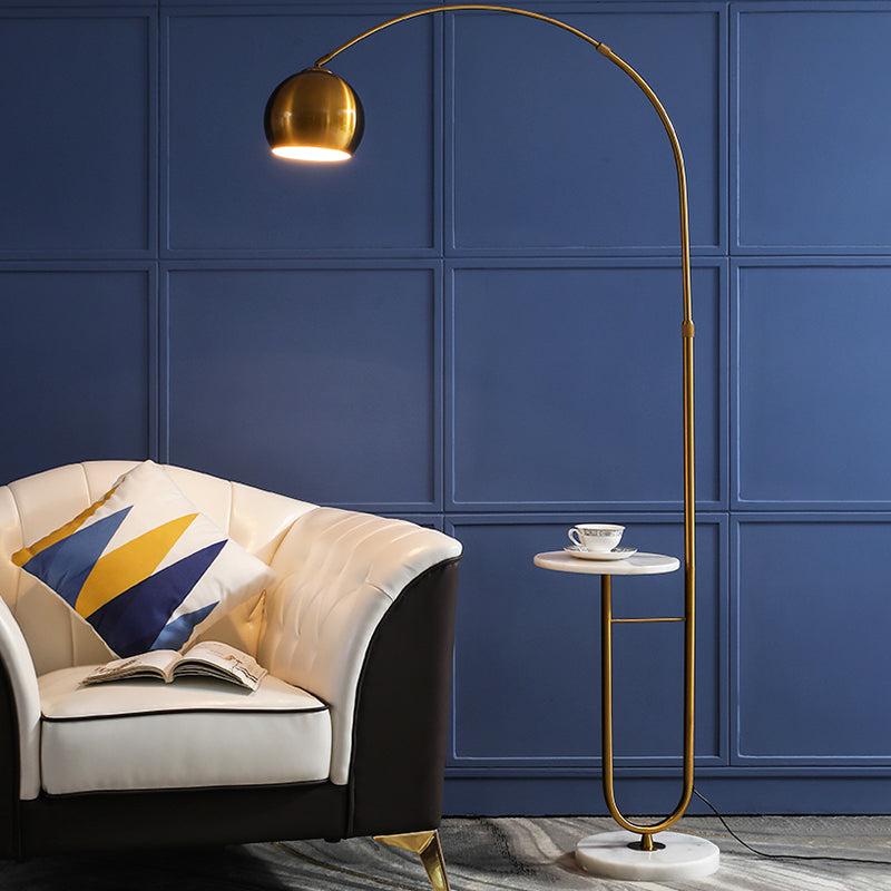 Fishing Rod Living Room Floor Lamp Metal Single Minimalistic Standing Lighting with Dome Shade and Marble Base Gold Clearhalo 'Floor Lamps' 'Lamps' Lighting' 2205710