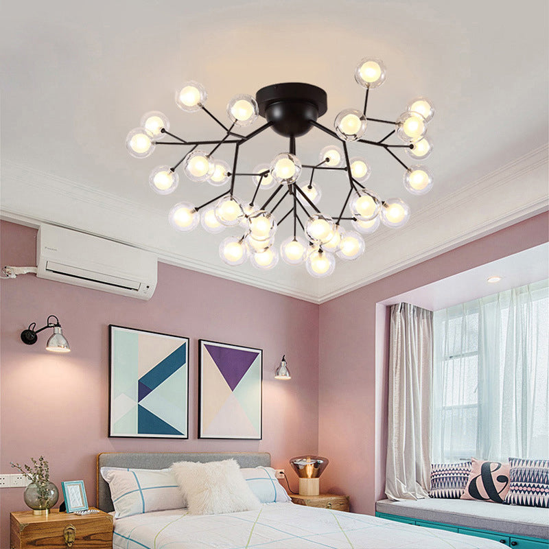 Simplicity Branched Flush Mount Light Metallic Bedroom Semi LED Flush Chandelier with Bubble Ball Shade Black Clearhalo 'Ceiling Lights' 'Close To Ceiling Lights' 'Close to ceiling' 'Semi-flushmount' Lighting' 2205845