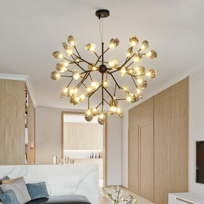 Smoked Glass Branched Firefly Chandelier Lighting Minimalist LED Pendant Light in Black Clearhalo 'Ceiling Lights' 'Chandeliers' 'Modern Chandeliers' 'Modern' Lighting' 2205898