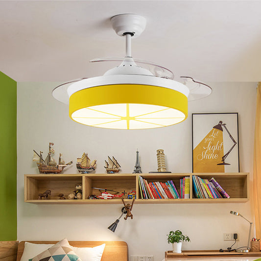 Yellow Round Semi Mount Light Modernist Style LED Acrylic Ceiling Fan Light with Lemon Pattern for Bedroom Clearhalo 'Ceiling Fans with Lights' 'Ceiling Fans' 'Kids Ceiling Fans' 'Kids' Lighting' 220599