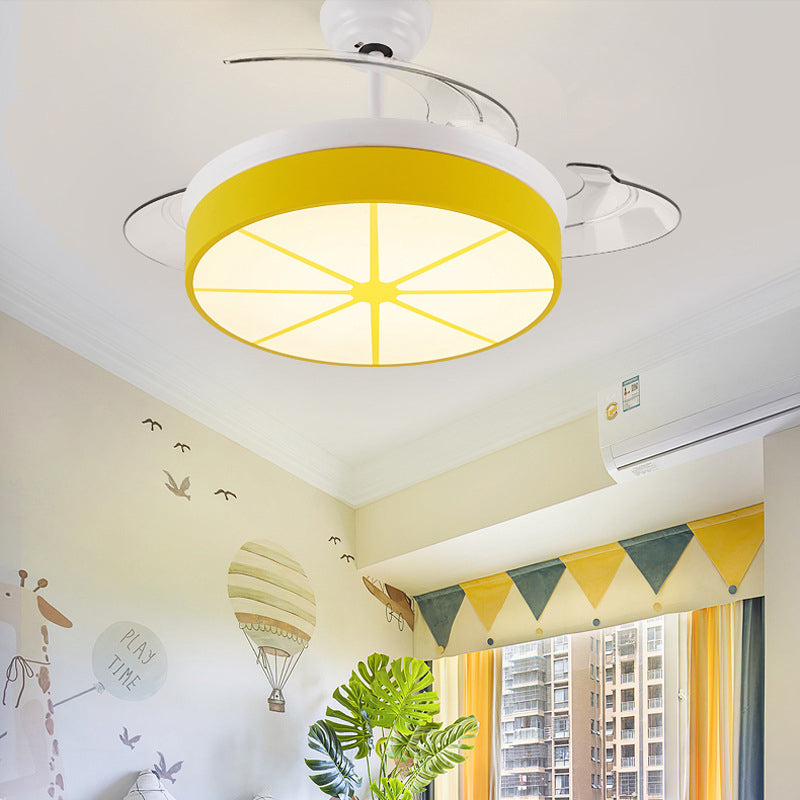 Yellow Round Semi Mount Light Modernist Style LED Acrylic Ceiling Fan Light with Lemon Pattern for Bedroom Clearhalo 'Ceiling Fans with Lights' 'Ceiling Fans' 'Kids Ceiling Fans' 'Kids' Lighting' 220600